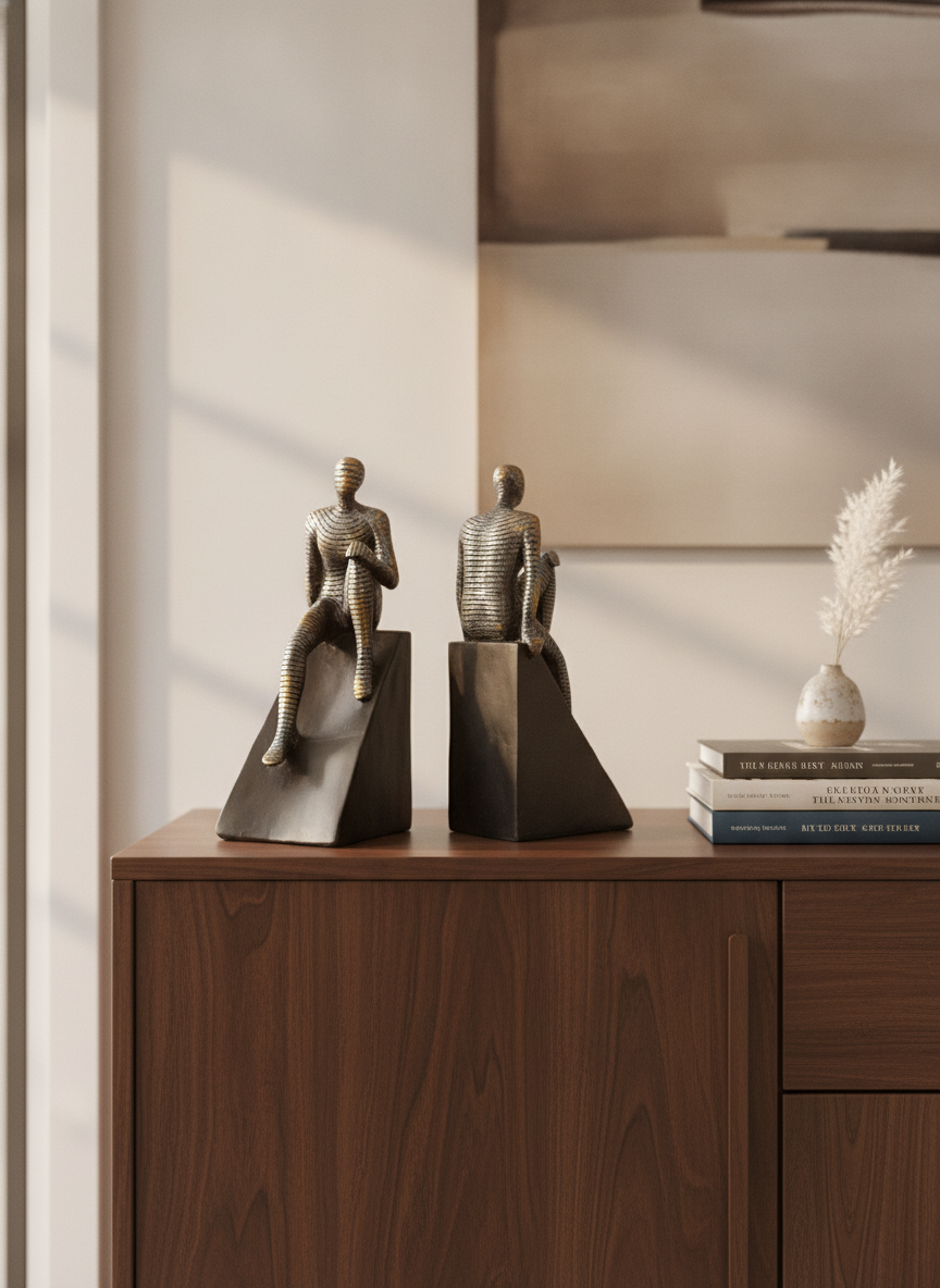 Abstracted layered human figure bookends in metallic gold and silver
