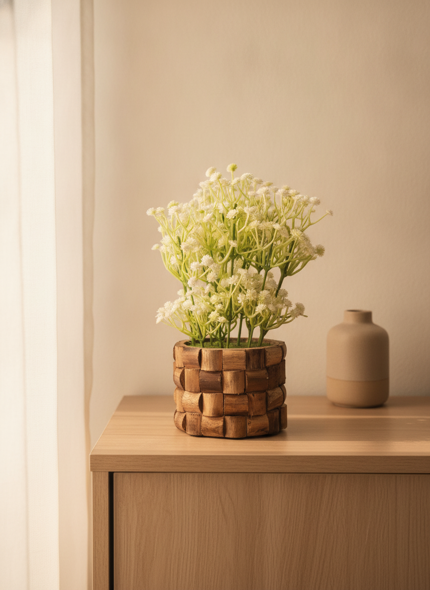 Faux gypsophila arranged in a woven wood planter