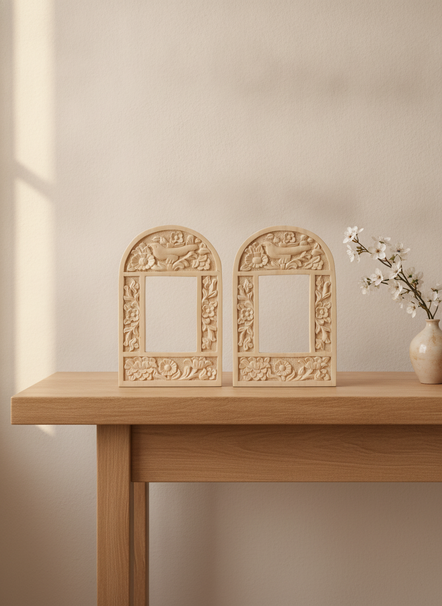 Hand-carved floral and avian arched frames, set of two