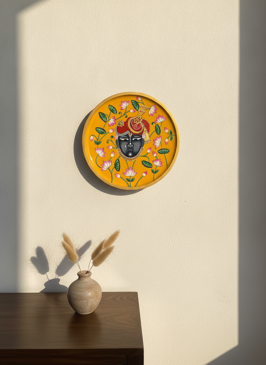 Hand-painted Lord Krishna devotional wall art plate
