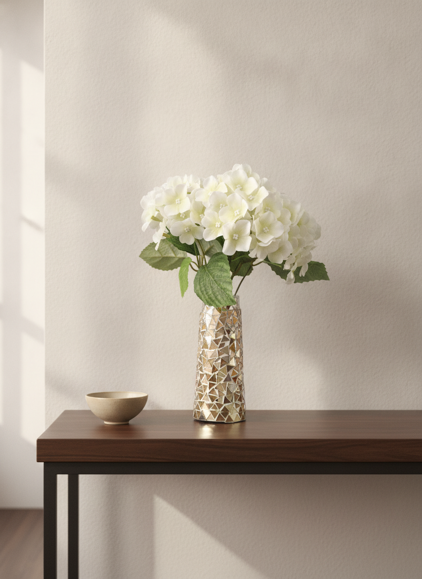 Luxe mirrored mosaic vase with faux white hydrangeas