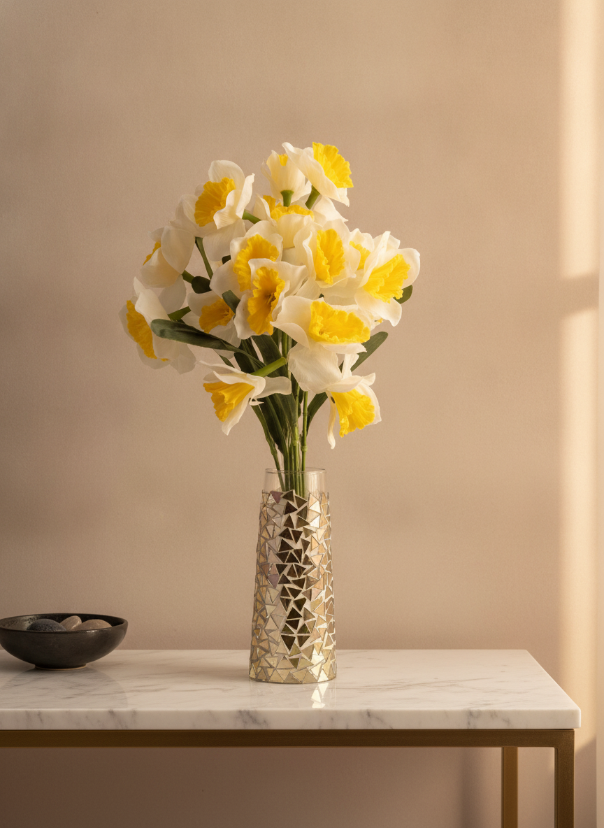 Mirrored mosaic vase holding a bright daffodil bouquet
