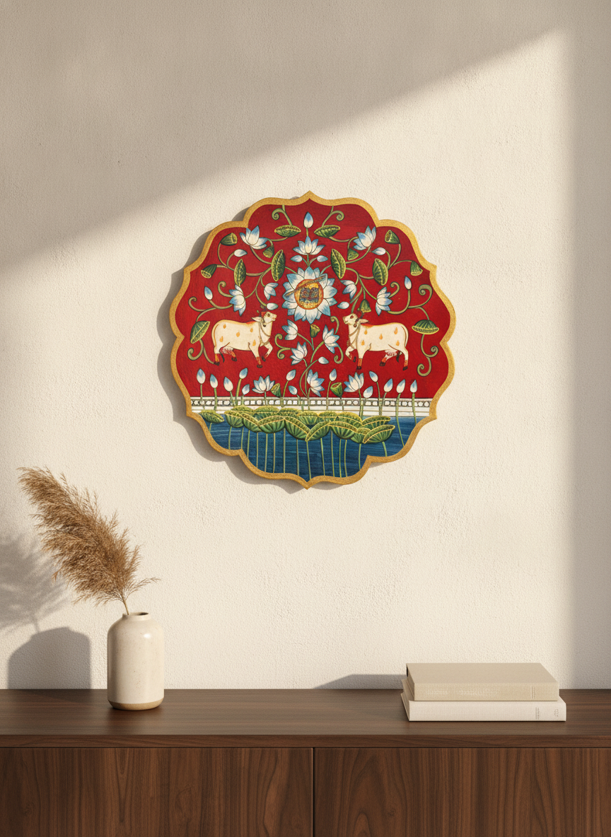 Pichwai sacred cow and lotus wall art panel
