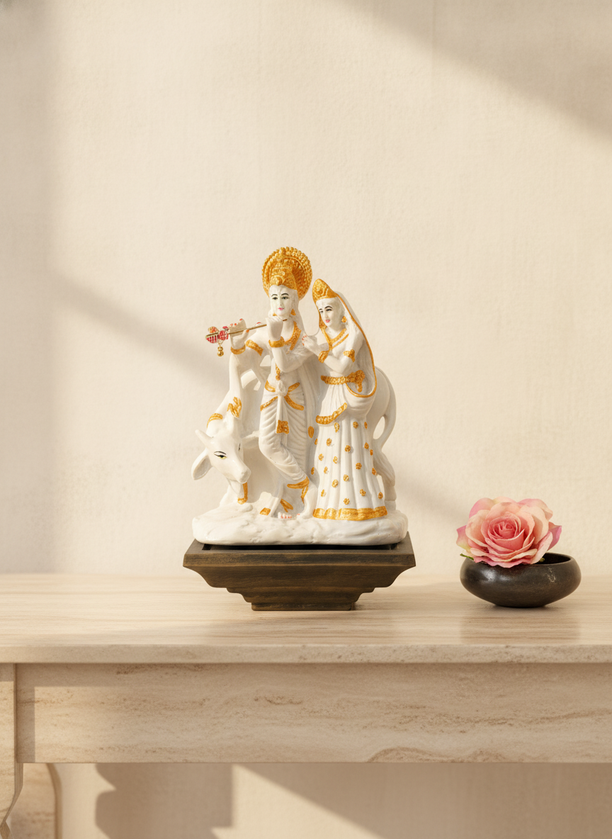 Radha Krishna glazed porcelain idol with gold accents on a pooja shelf