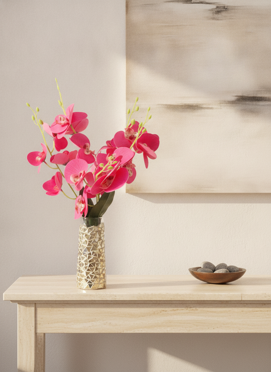 Radiant fuschia phalaenopsis orchid arrangement in a mosaic vase